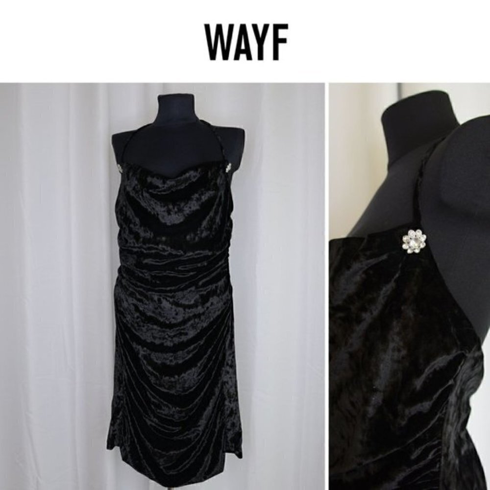 NWOT Wayf Crushed Velvet Black Ruched Halter Mini Dress Sz L